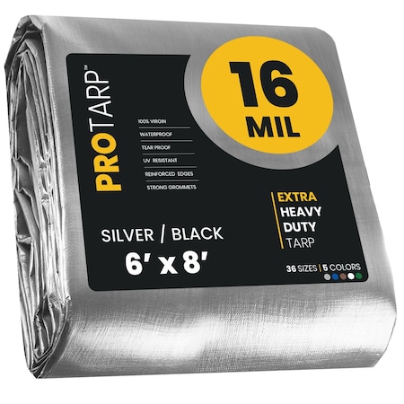 Protarp Heavy Duty Tarp, 6 ft x 8 ft, 16 Mil, Silver/Black, Polyethylene, Waterproof, Rip and Tear Proof PT-101-6X8